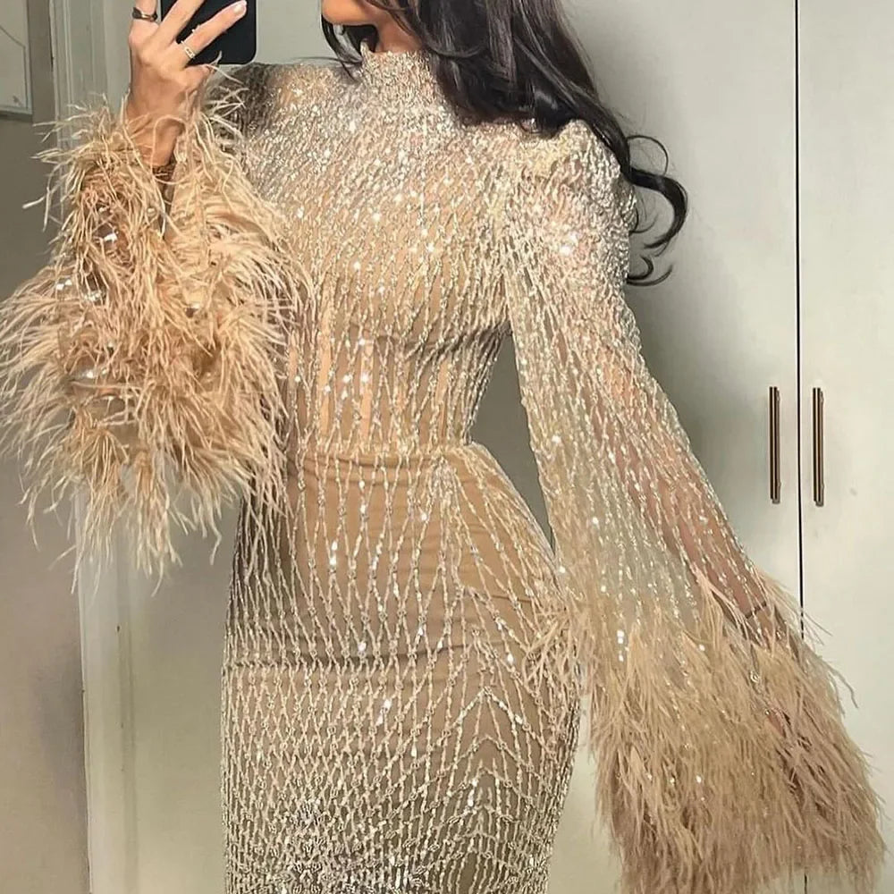 SERENE HILL Customized Dubai Luxury Nude Beaded Feathers Mermaid Evening Dress 2025 Modest For Wedding Women Party Gown CLA72394