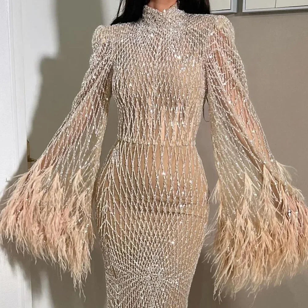 SERENE HILL Customized Dubai Luxury Nude Beaded Feathers Mermaid Evening Dress 2025 Modest For Wedding Women Party Gown CLA72394