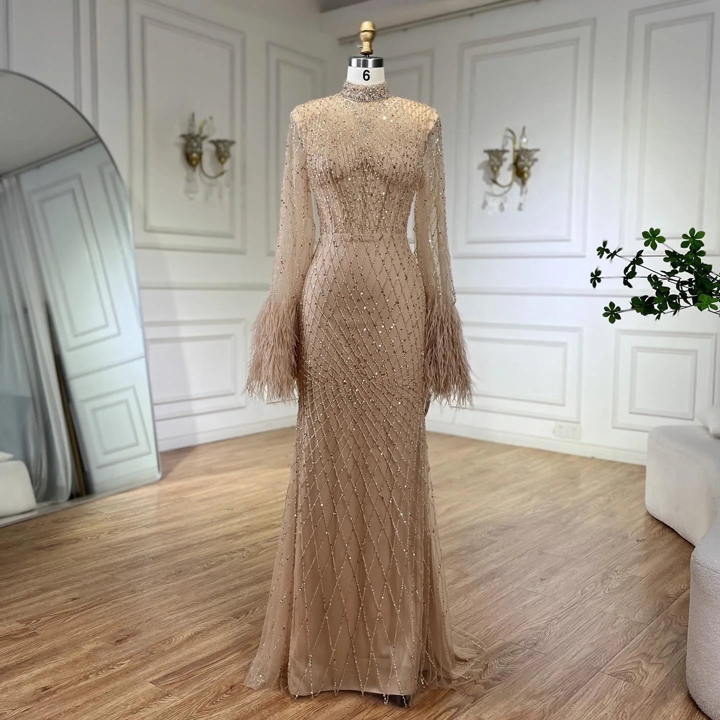 SERENE HILL Customized Dubai Luxury Nude Beaded Feathers Mermaid Evening Dress 2025 Modest For Wedding Women Party Gown CLA72394